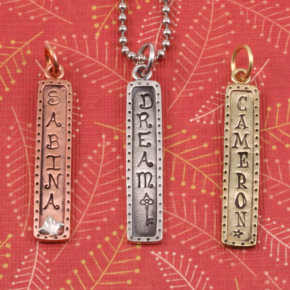 Metal Stamping Blanks Sterling Silver Dotted Raised Edge Rectangle Pendant, 40.5mm (1.60") x 7.5mm (.30"), 16g